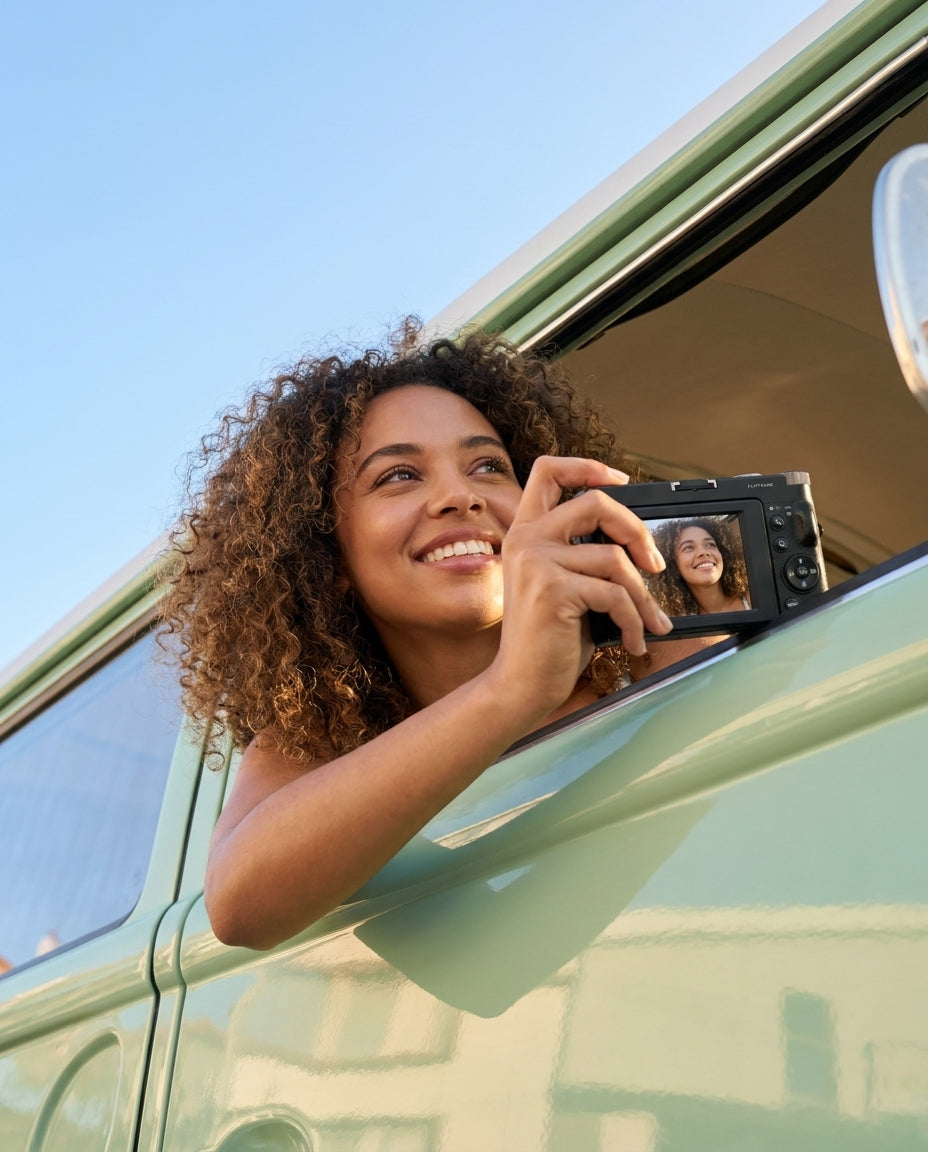 Woman taking a selfie with the Flipframe camera out of a van window